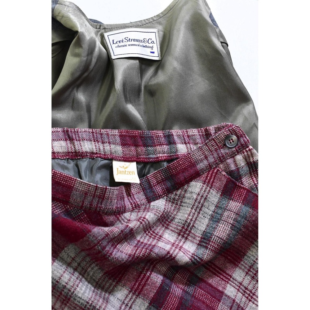 Vintage Burgundy Plaid Skirt Suit Set Womens M 70s Gray Collarless Levis Blazer - Picture 3 of 5